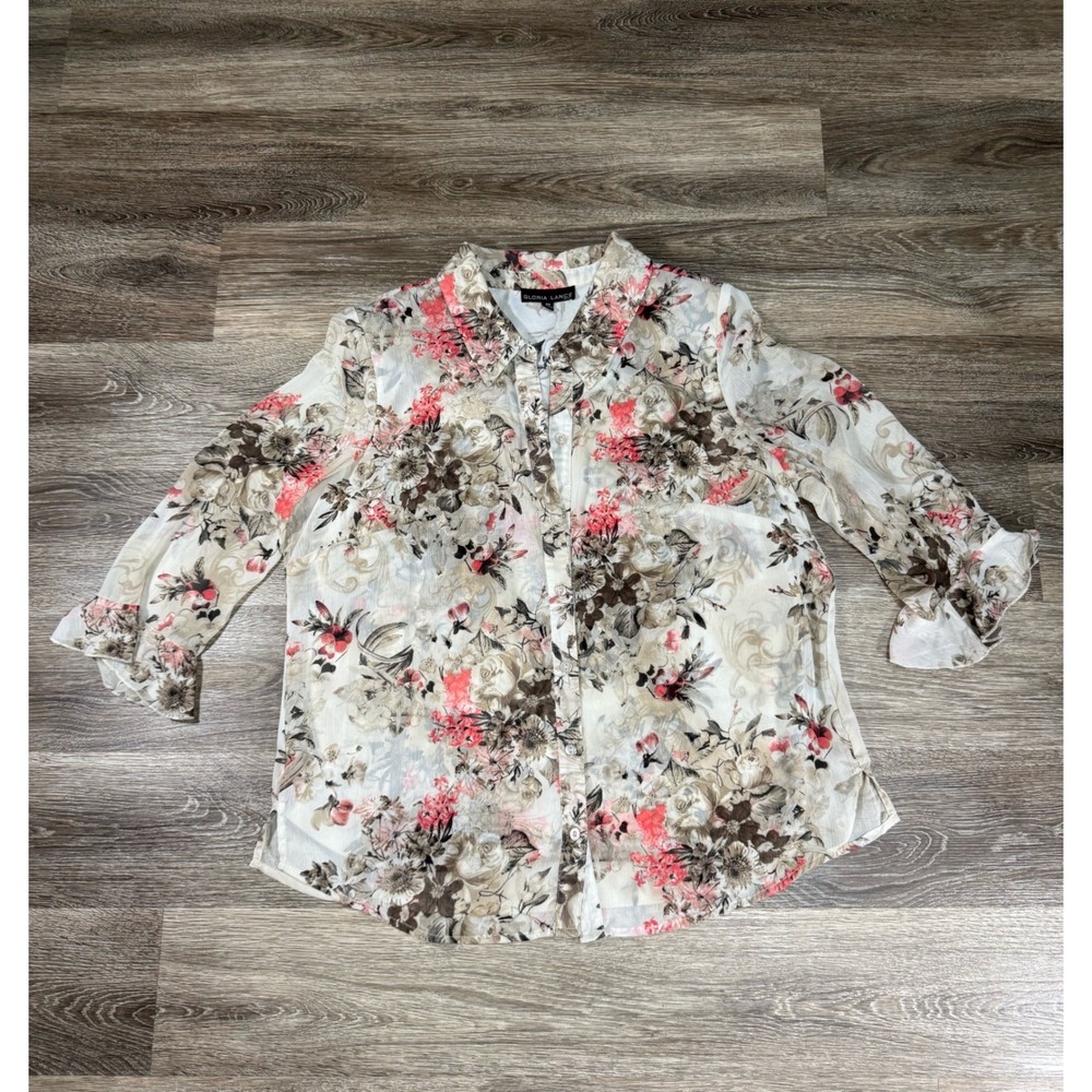 Gloria Lance Blouse Woman 2X Floral Button‎ Front 3/4 Ruffle Sleeve Chiffon 90s